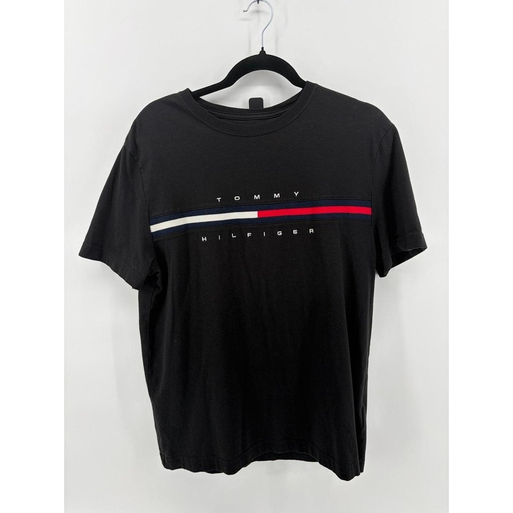 Tommy Hilfiger, Black Embroidered Spellout Logo Tee Cotton, Men's Size M